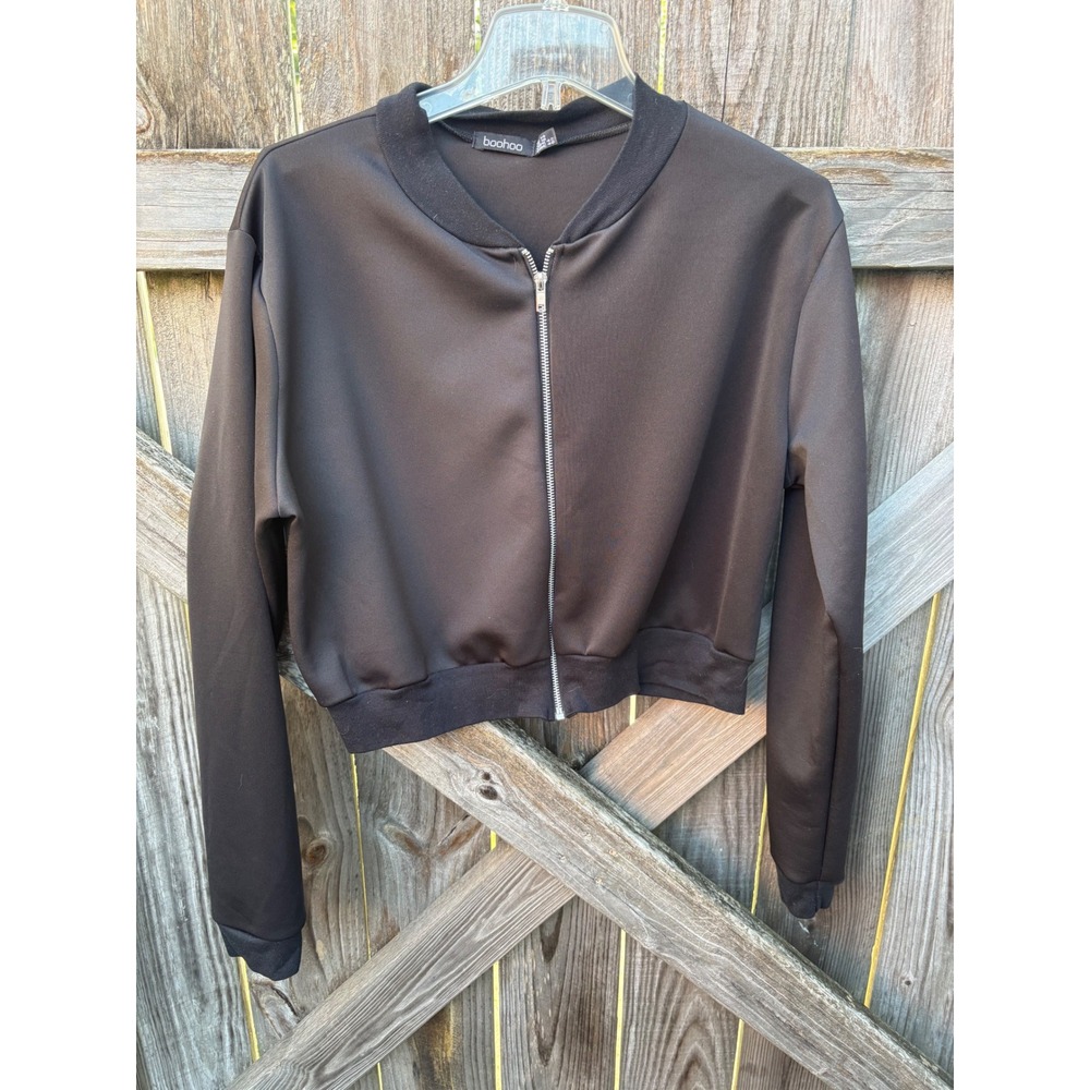 Boohoo Womens Black Cropped Bomber Jacket Scuba Zip Up Size 10